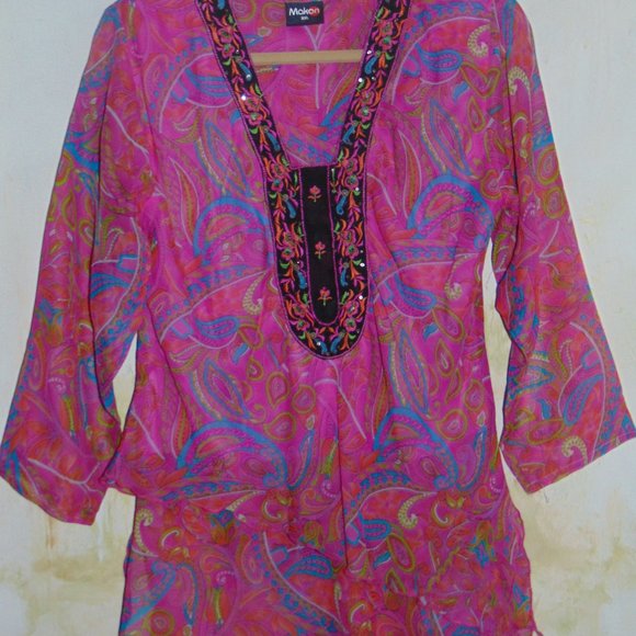 Makon Chic Luxury Resort Embroidered Caftan Tunic Blouse Fuchsia PINK SZ XXL - Picture 3 of 8